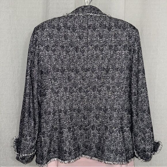 TALBOTS 10 Navy White Tweed One Button Blazer Jacket with Pockets Fringe Trim - Picture 3 of 14